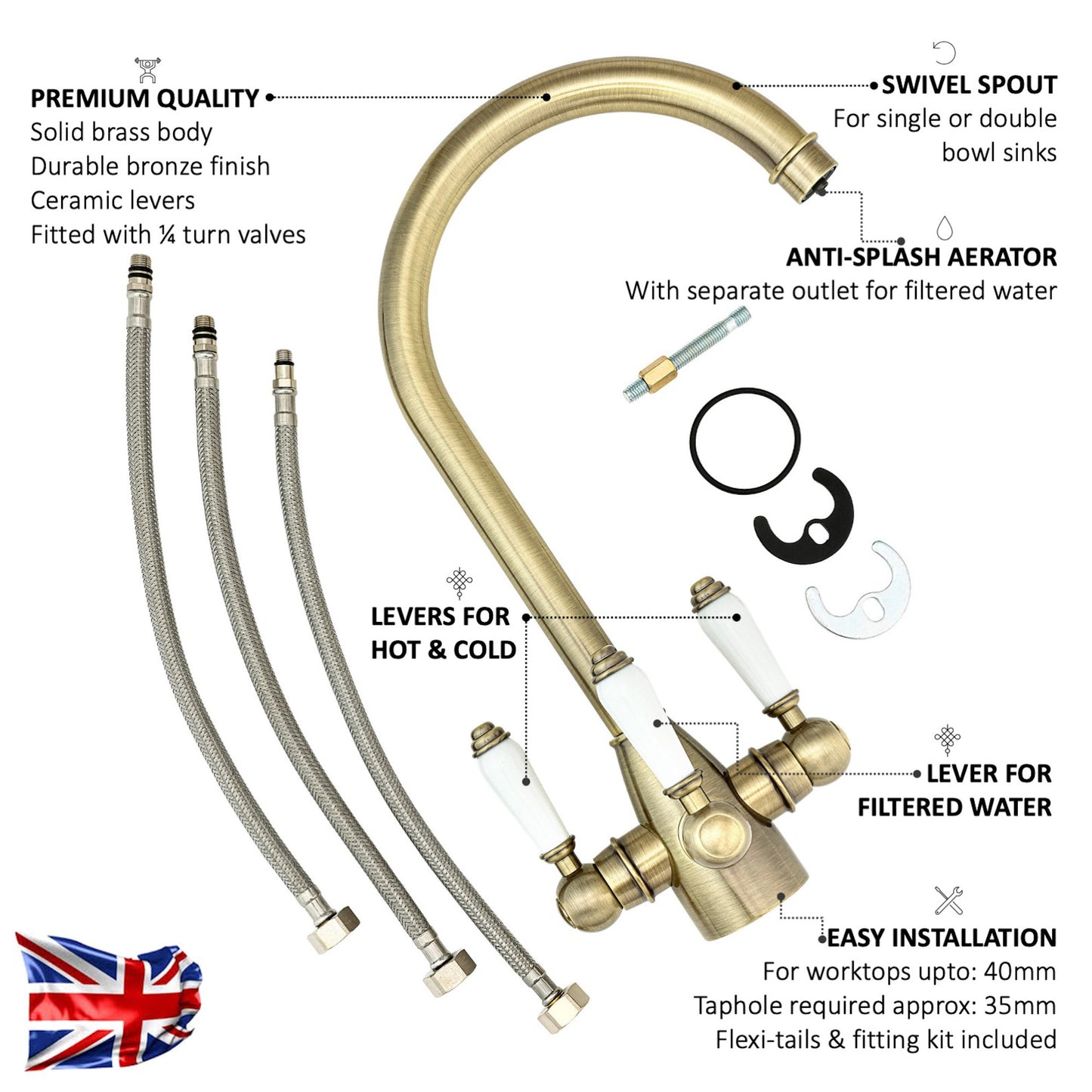 Cotswold traditional filter tap with ceramic levers - antique brass
