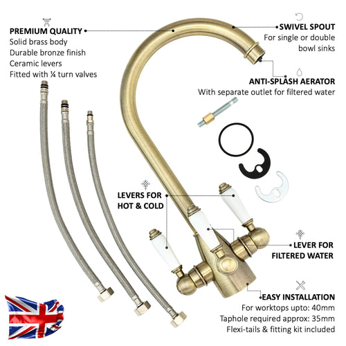 Buy Cotswold traditional filter tap with ceramic levers - antique brass online UK