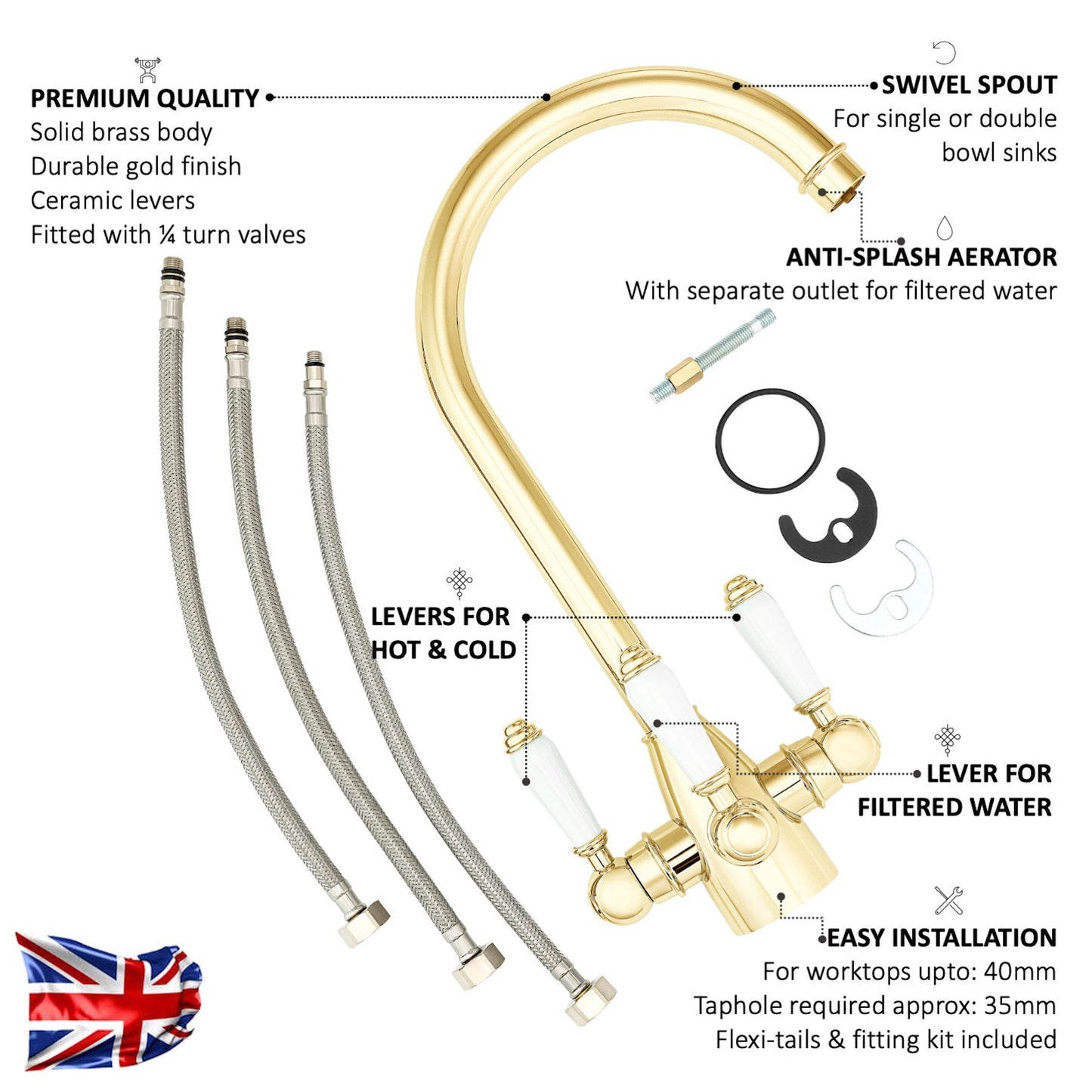 Cotswold traditional filter tap with ceramic levers - gold