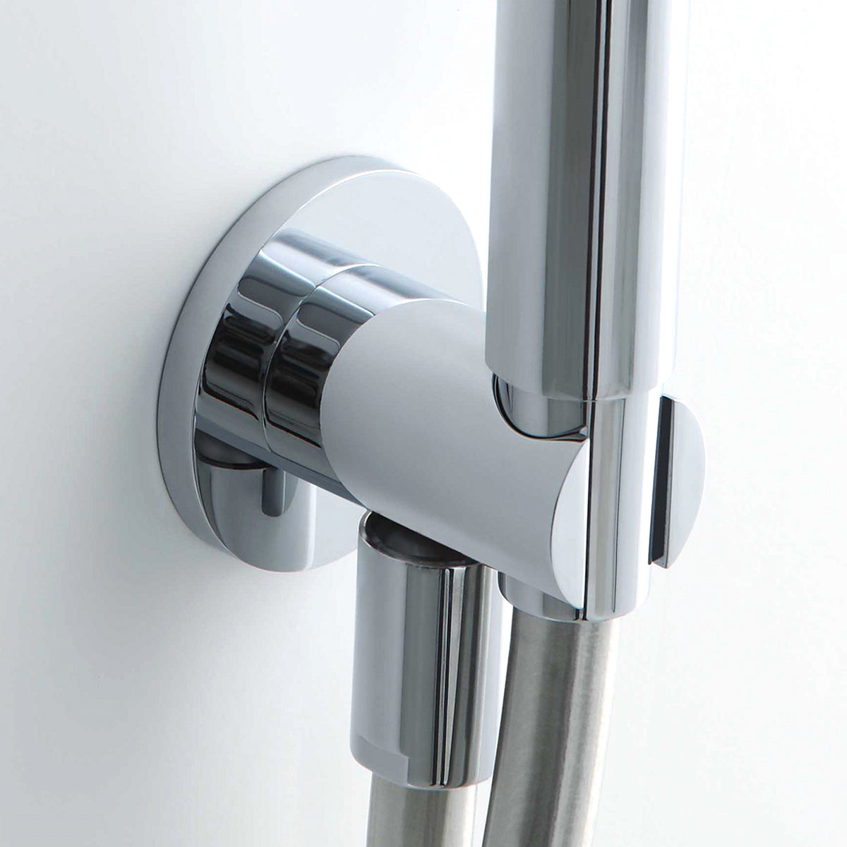 Round shower outlet elbow with holder for handheld shower head - chrome