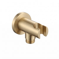 Round shower outlet elbow with holder for handheld shower head - brushed brass