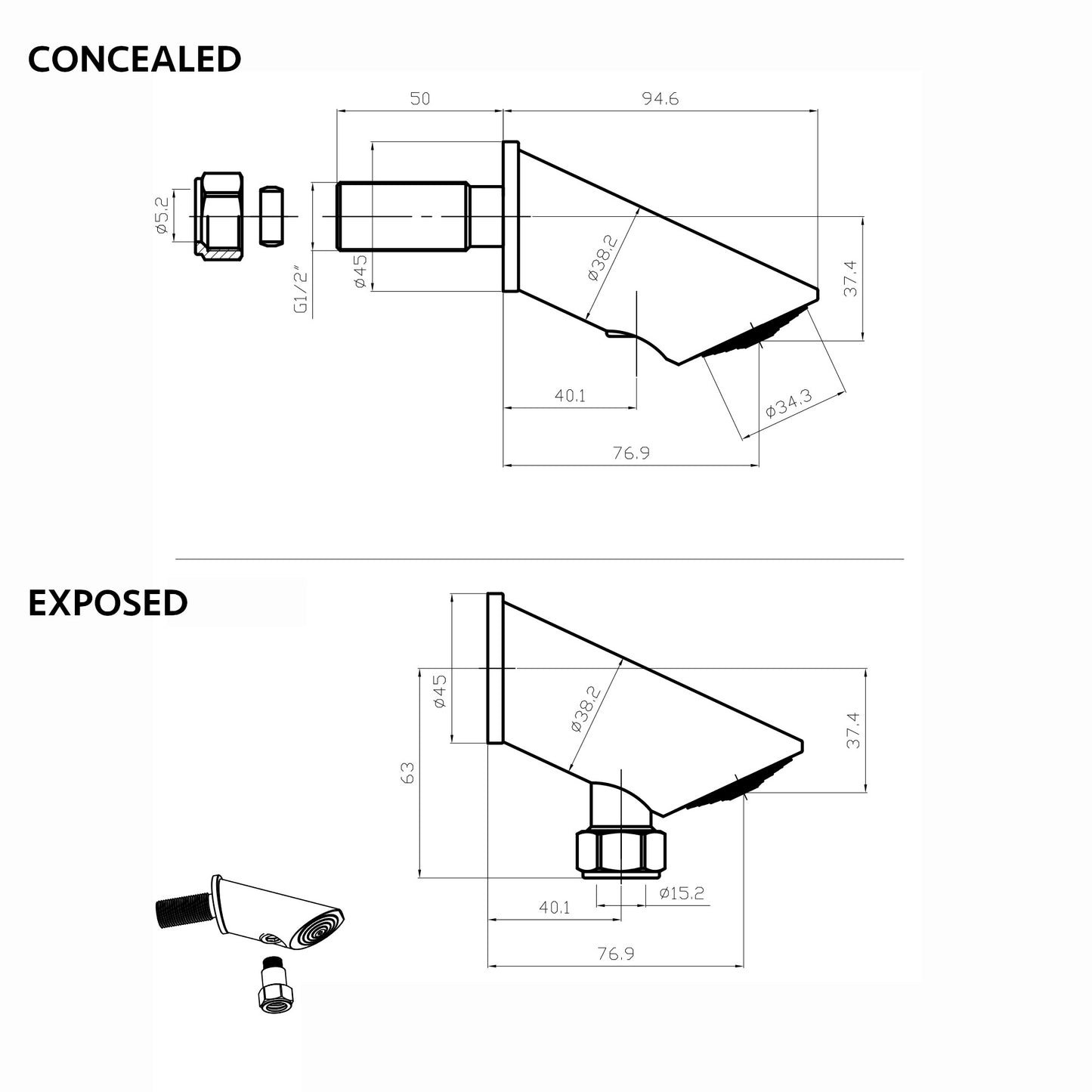 Anti vandal shower head for concealed or exposed installation - chrome