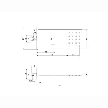 Rectangular dual fixed shower head (waterfall + rainfall)  575 x 230mm - brushed brass