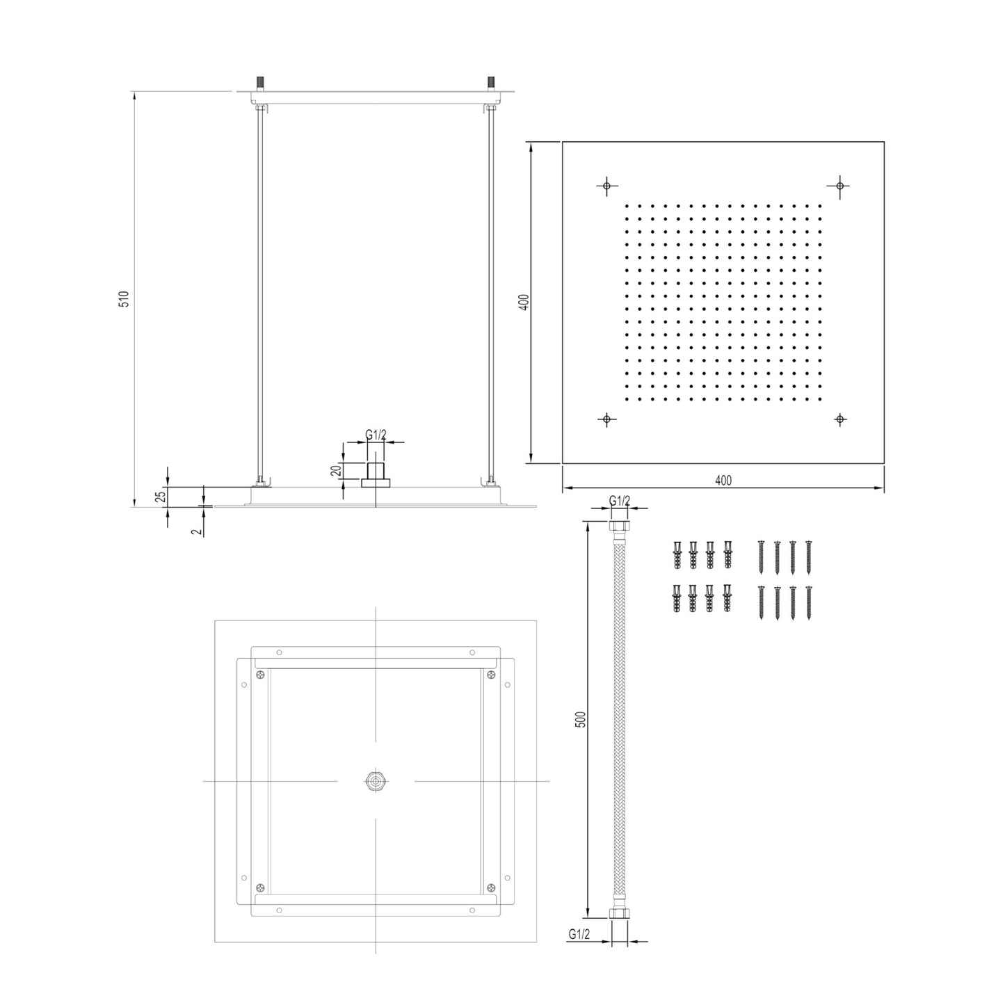 Square recessed 400mm shower head stainless steel - gunmetal grey
