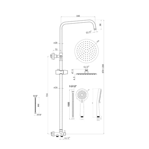 Dune round dual shower riser rail kit for exposed installation - black