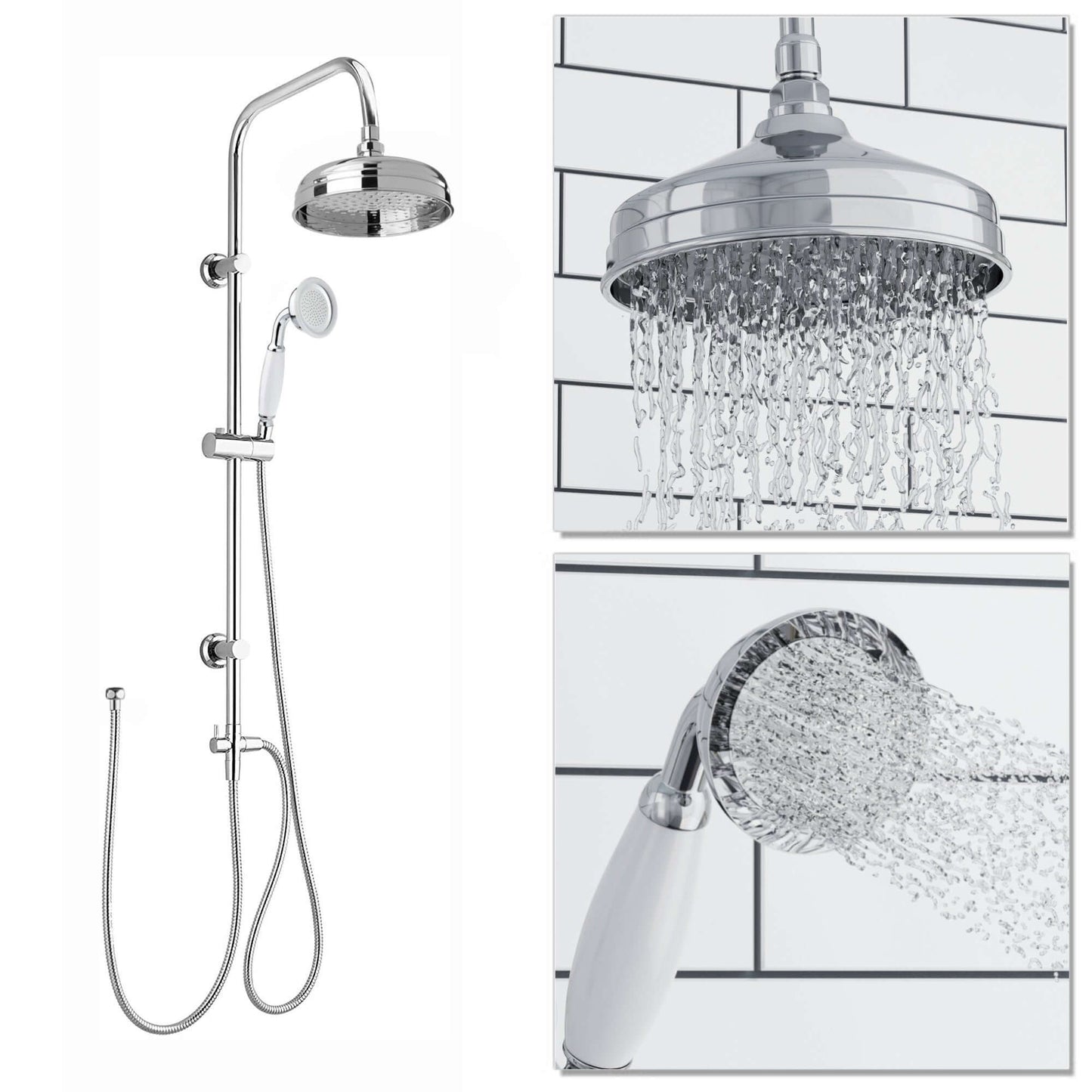 Buy Carre Dual Rigid Riser Kit Traditional Solid Brass Overhead Rain Shower & Brass Handheld Shower - Chrome Online UK | HOUSE OF ENKI