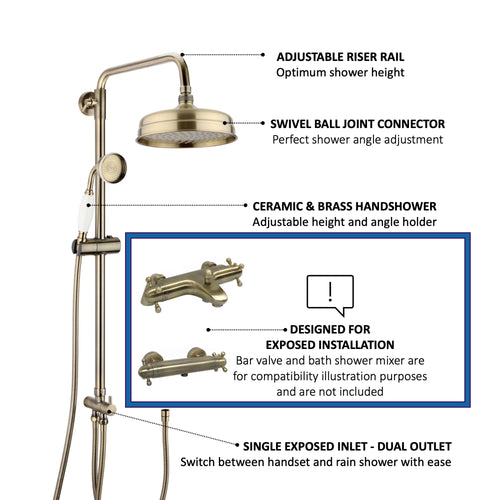 Dune traditional dual shower riser rail kit for exposed installation - antique brass