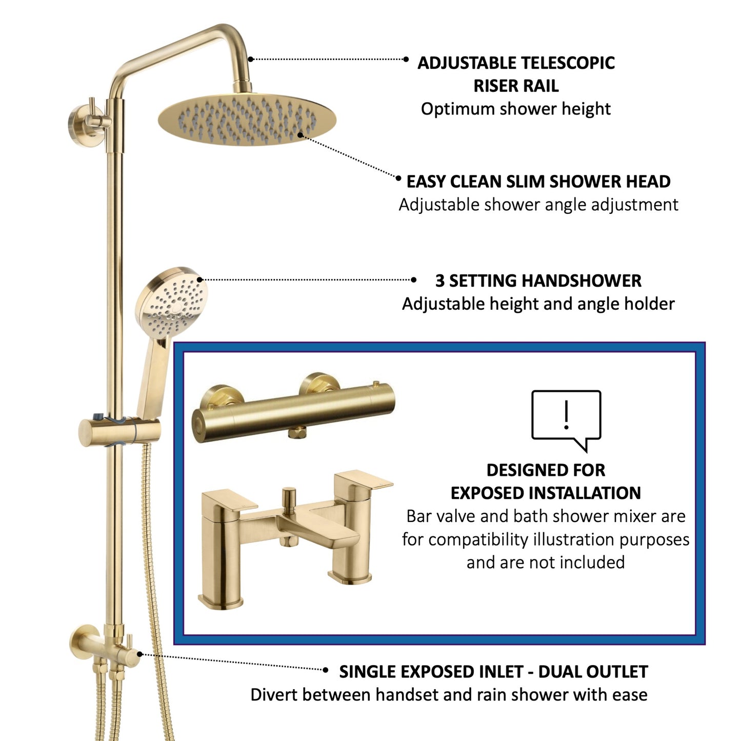 Dune round dual shower riser rail kit for exposed installation - brushed brass
