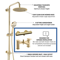 Dune round dual shower riser rail kit for exposed installation - brushed brass