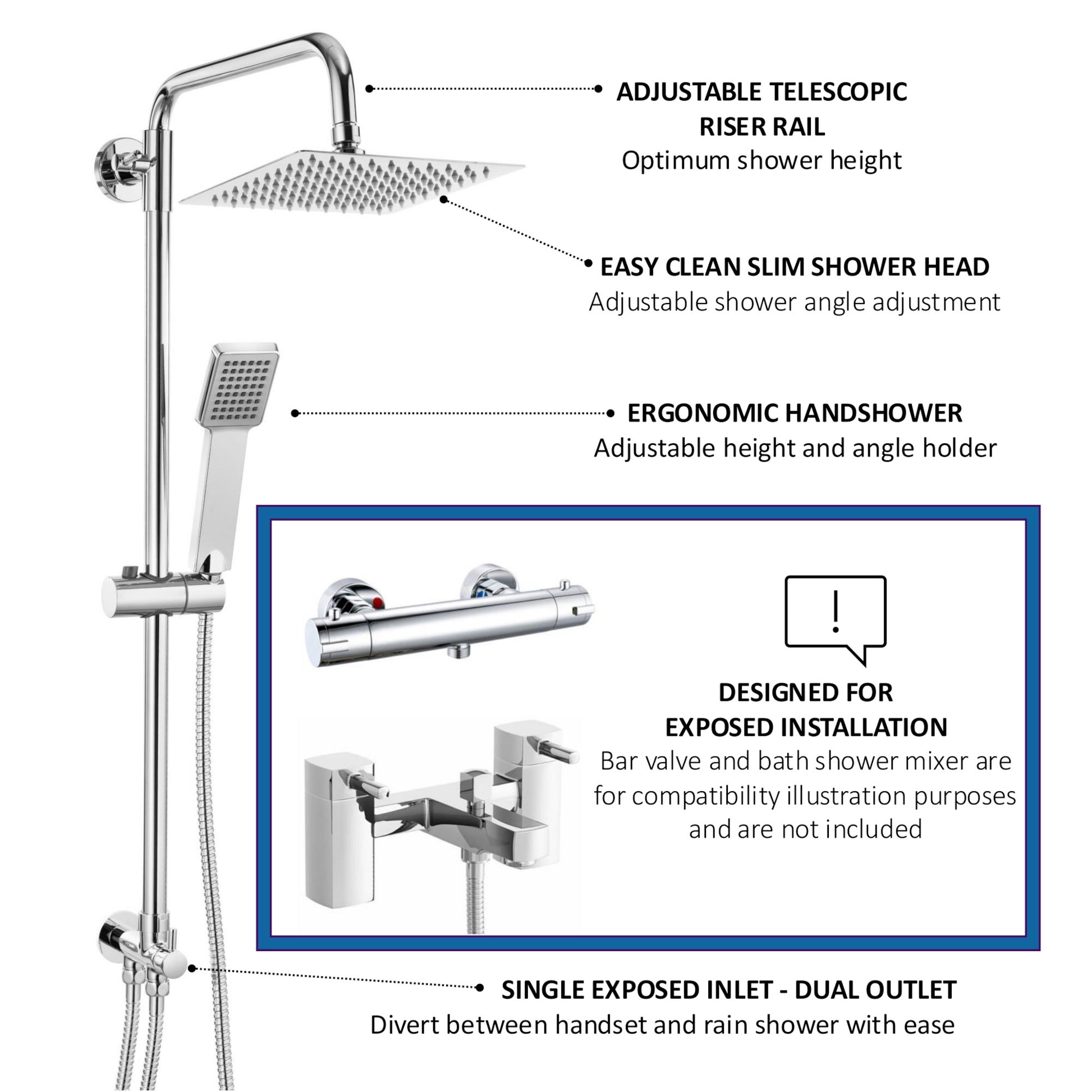 Buy Square dual shower riser rail kit for exposed installation - chrome online UK