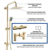 Square dual shower riser rail kit for exposed installation - brushed brass