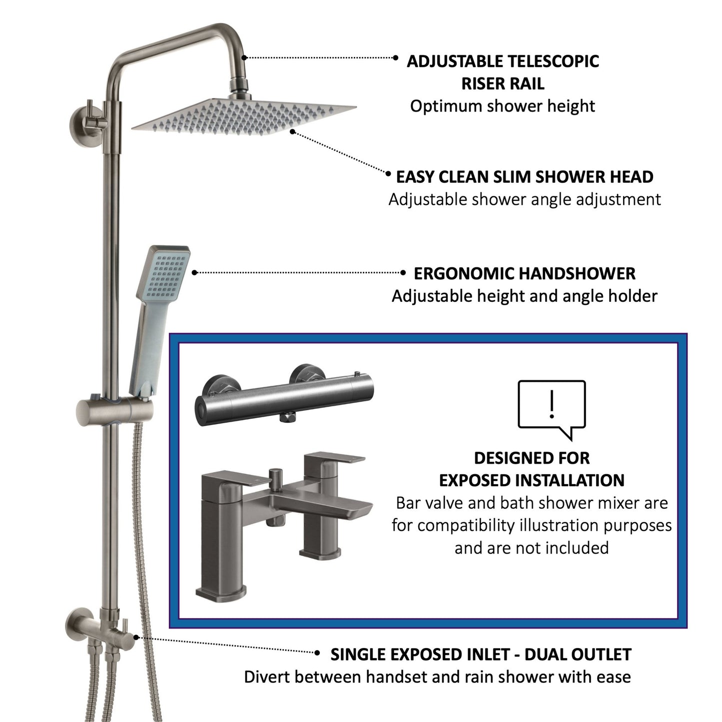 Square dual shower riser rail kit for exposed installation - gunmetal grey