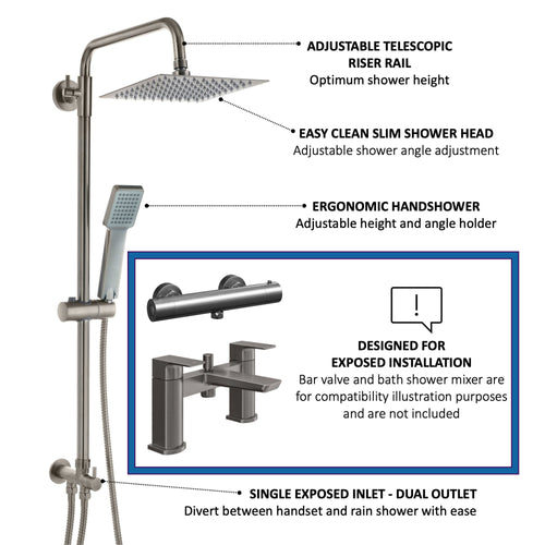 Dune square dual shower riser rail kit for exposed installation - gunmetal grey