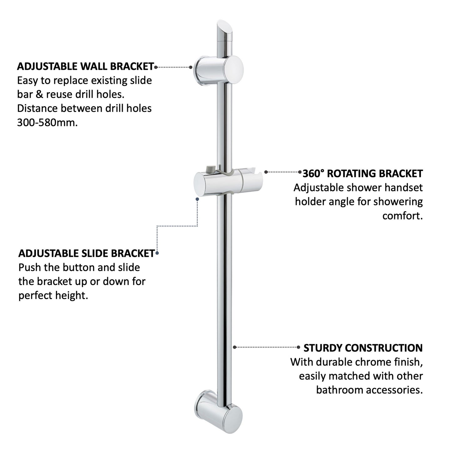 Adjustable sliding shower rail - chrome