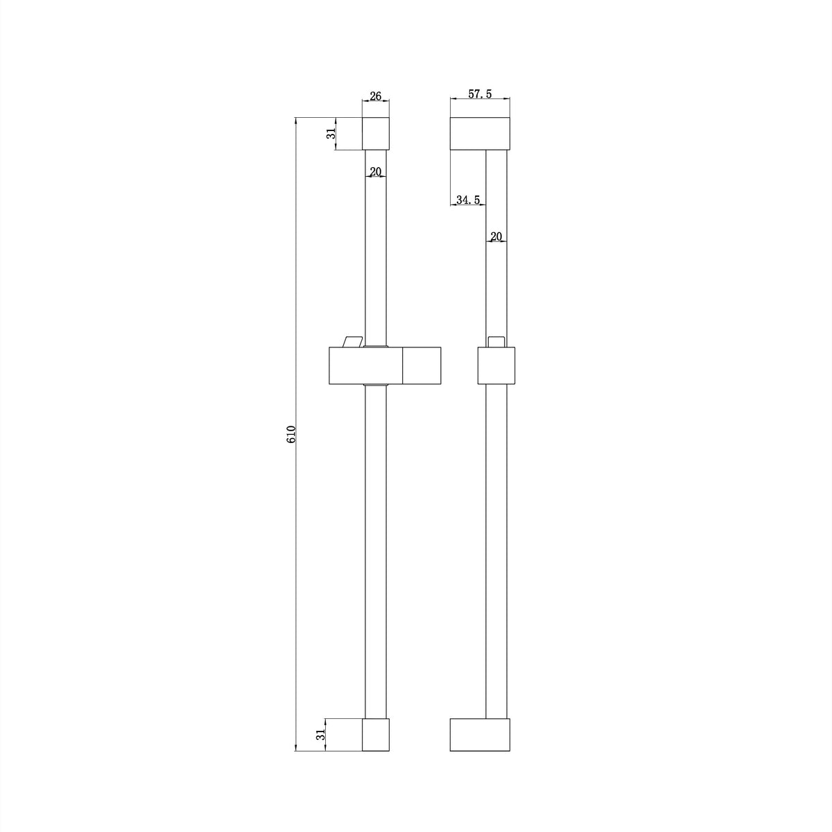 Square shower slider rail bar with hand shower holder - chrome