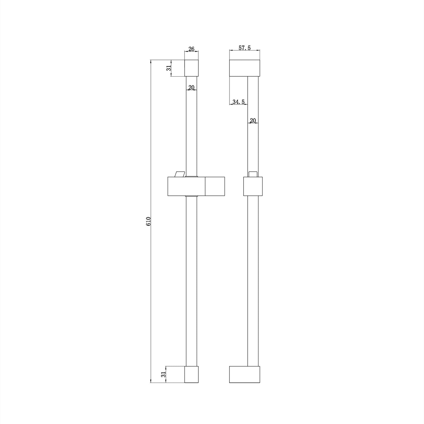 Square shower slider rail bar with hand shower holder - black