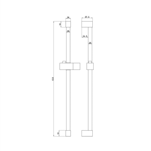 Square shower slider rail bar with hand shower holder - black