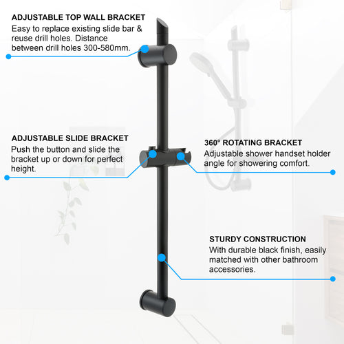 Adjustable sliding shower rail - black