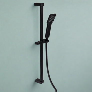 Square contemporary shower slider rail bar with hand shower holder - black