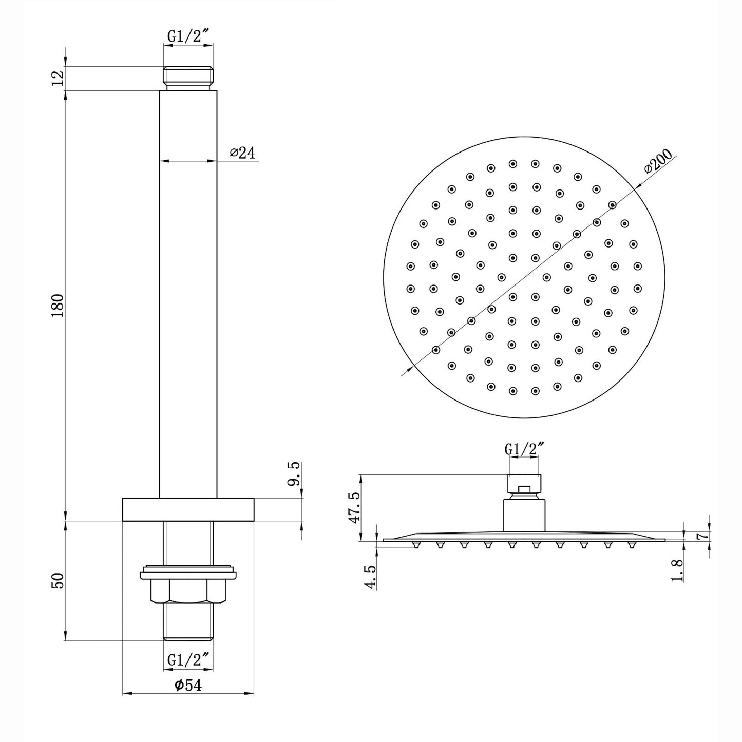 Naples Contemporary Round Concealed Thermostatic Shower Set Ceiling Fixed 8" Shower Head - Chrome (1 Outlet)