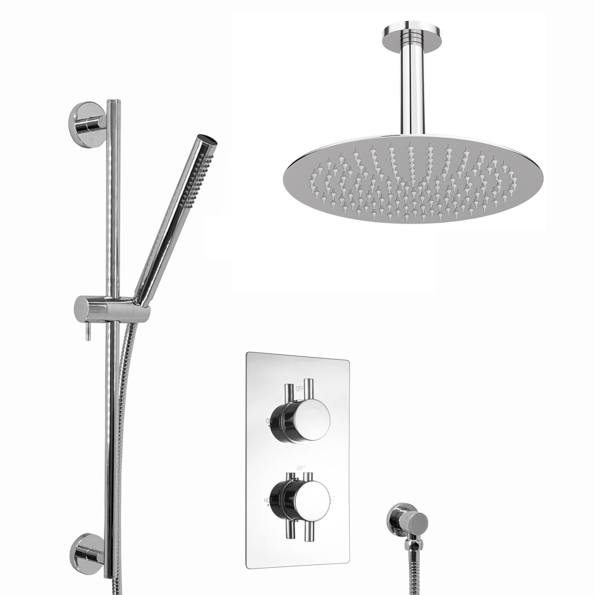 Buy Naples Contemporary Round Concealed Thermostatic Shower Set Incl. Twin Valve, Ceiling Fixed 8" Shower Head, Slider Rail Kit - Chrome (2 Outlet) online UK