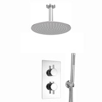 Venice Contemporary Round Concealed Thermostatic Shower Set Incl. Twin Valve, Ceiling Fixed 8" Shower Head, Handshower Kit - Chrome (2 Outlet)