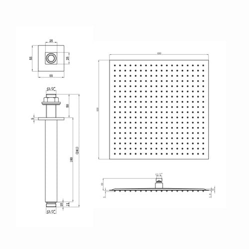 Spello Square Thermostatic Concealed Shower Set with Body Jets, Ceiling Overhead Shower, Handset Kit - Black