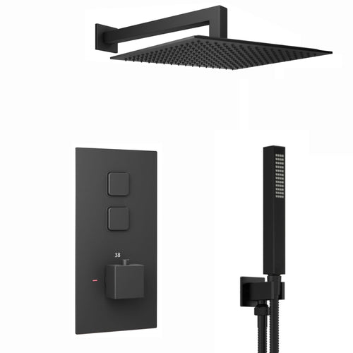 Spello Square Thermostatic Concealed Shower Set with Wall Mounted Shower & Handset Kit - Black
