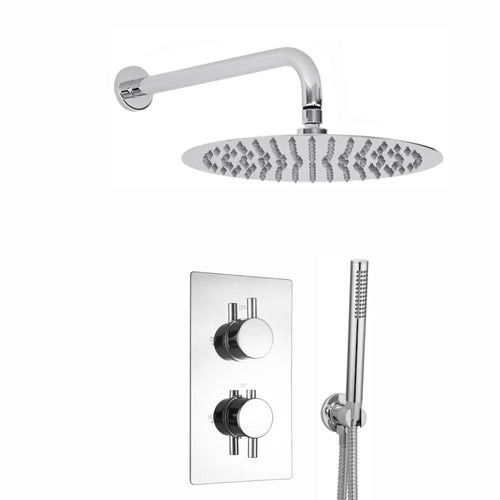 Buy Naples Contemporary Round Concealed Thermostatic Shower Set Incl. Twin Valve, Wall Fixed 8" Shower Head, Handshower Kit - Chrome (2 Outlet) online UK