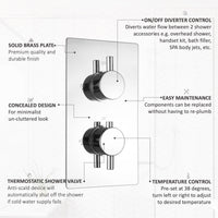 Naples Contemporary Round Concealed Thermostatic Shower Set Incl. Twin Valve, Wall Fixed 8" Shower Head, Handshower Kit - Chrome (2 Outlet)