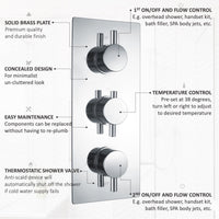 Naples Contemporary Round Concealed Thermostatic Shower Set Incl. Triple Valve, Wall Fixed 8" Shower Head, Handshower Kit - Chrome (2 Outlet)