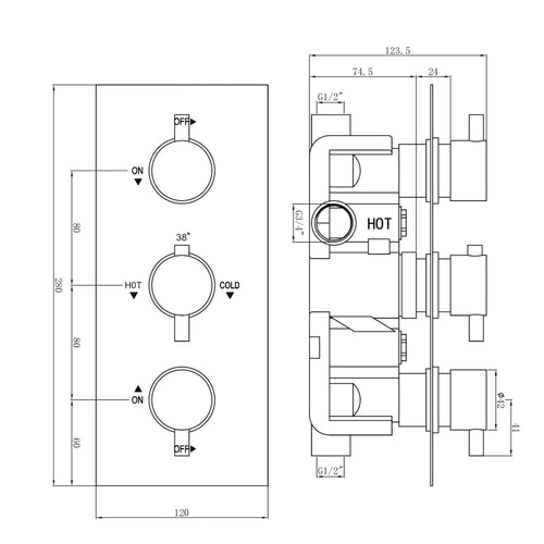 Buy Naples Contemporary Round Concealed Thermostatic Shower Set Incl. Triple Valve, Wall Fixed 8" Shower Head, Handshower Kit - Chrome (2 Outlet) online UK