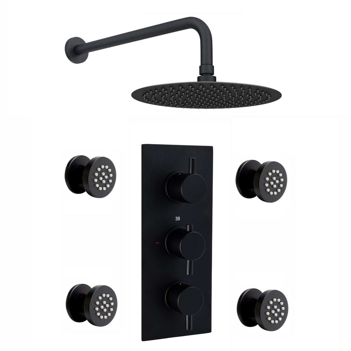 Buy Naples Contemporary Round Concealed Thermostatic Shower Set Incl. Triple Valve, Wall Fixed 8" Shower Head, 4 Spa Body Jets - Black (2 Outlet) online UK