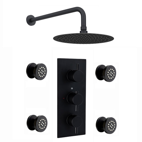 Buy Naples Contemporary Round Concealed Thermostatic Shower Set Incl. Triple Valve, Wall Fixed 8" Shower Head, 4 Spa Body Jets - Black (2 Outlet) online UK