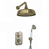 Regent Traditional Crosshead And White Lever Concealed Thermostatic Shower Set Incl. Twin Valve, Wall Fixed 8" Shower Head, Handshower Kit - Antique Bronze (2 Outlet)