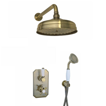 Buy Regent Traditional Crosshead And White Lever Concealed Thermostatic Shower Set Incl. Twin Valve, Wall Fixed 8" Shower Head, Handshower Kit - Antique Brass (2 Outlet) online UK