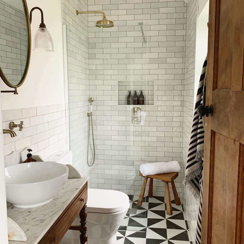 Buy Regent Traditional Crosshead And White Lever Concealed Thermostatic Shower Set Incl. Twin Valve, Wall Fixed 8" Shower Head, Handshower Kit - Antique Brass (2 Outlet) online UK