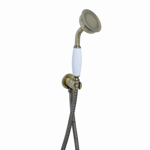 Buy Regent Traditional Crosshead And White Lever Concealed Thermostatic Shower Set Incl. Twin Valve, Wall Fixed 8" Shower Head, Handshower Kit - Antique Brass (2 Outlet) online UK