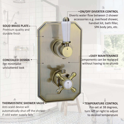 Buy Regent Traditional Crosshead And White Lever Concealed Thermostatic Shower Set Incl. Twin Valve, Wall Fixed 8" Shower Head, Handshower Kit - Antique Brass (2 Outlet) online UK