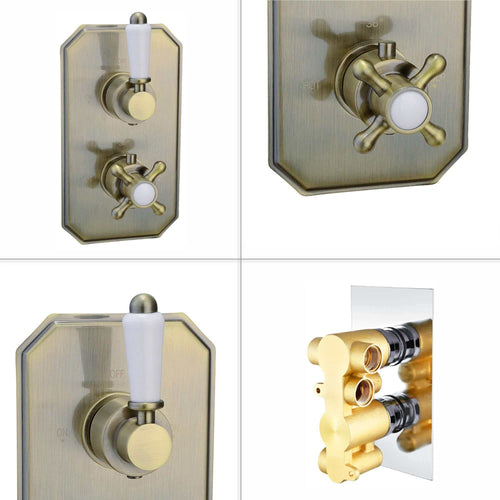 Buy Regent Traditional Crosshead And White Lever Concealed Thermostatic Shower Set Incl. Twin Valve, Wall Fixed 8" Shower Head, Handshower Kit - Antique Brass (2 Outlet) online UK