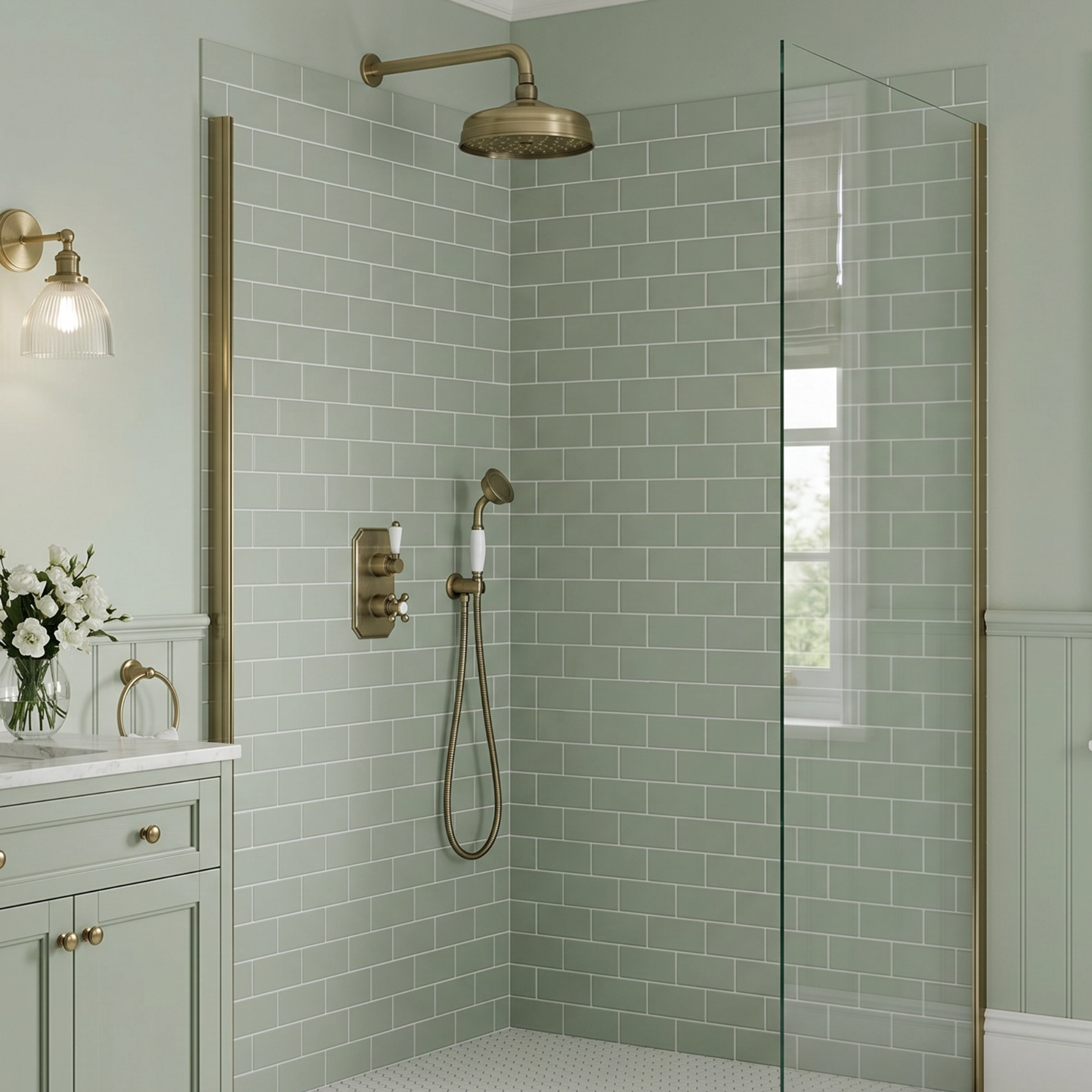 Regent Traditional Crosshead And White Lever Concealed Thermostatic Shower Set Incl. Twin Valve, Wall Fixed 8" Shower Head, Handshower Kit - Antique Brass (2 Outlet)
