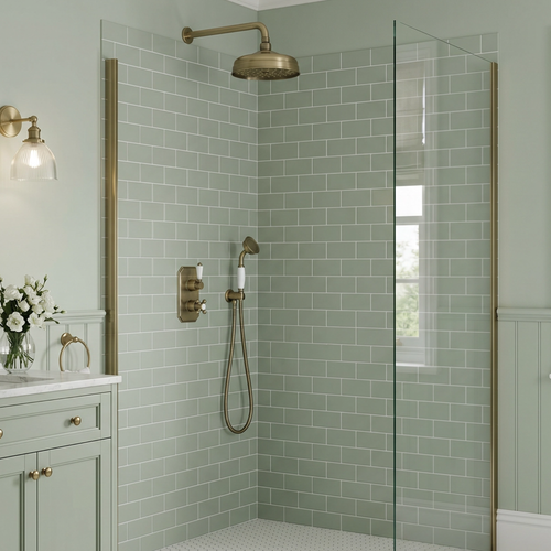 Regent Traditional Crosshead And White Lever Concealed Thermostatic Shower Set Incl. Twin Valve, Wall Fixed 8" Shower Head, Handshower Kit - Antique Brass (2 Outlet)