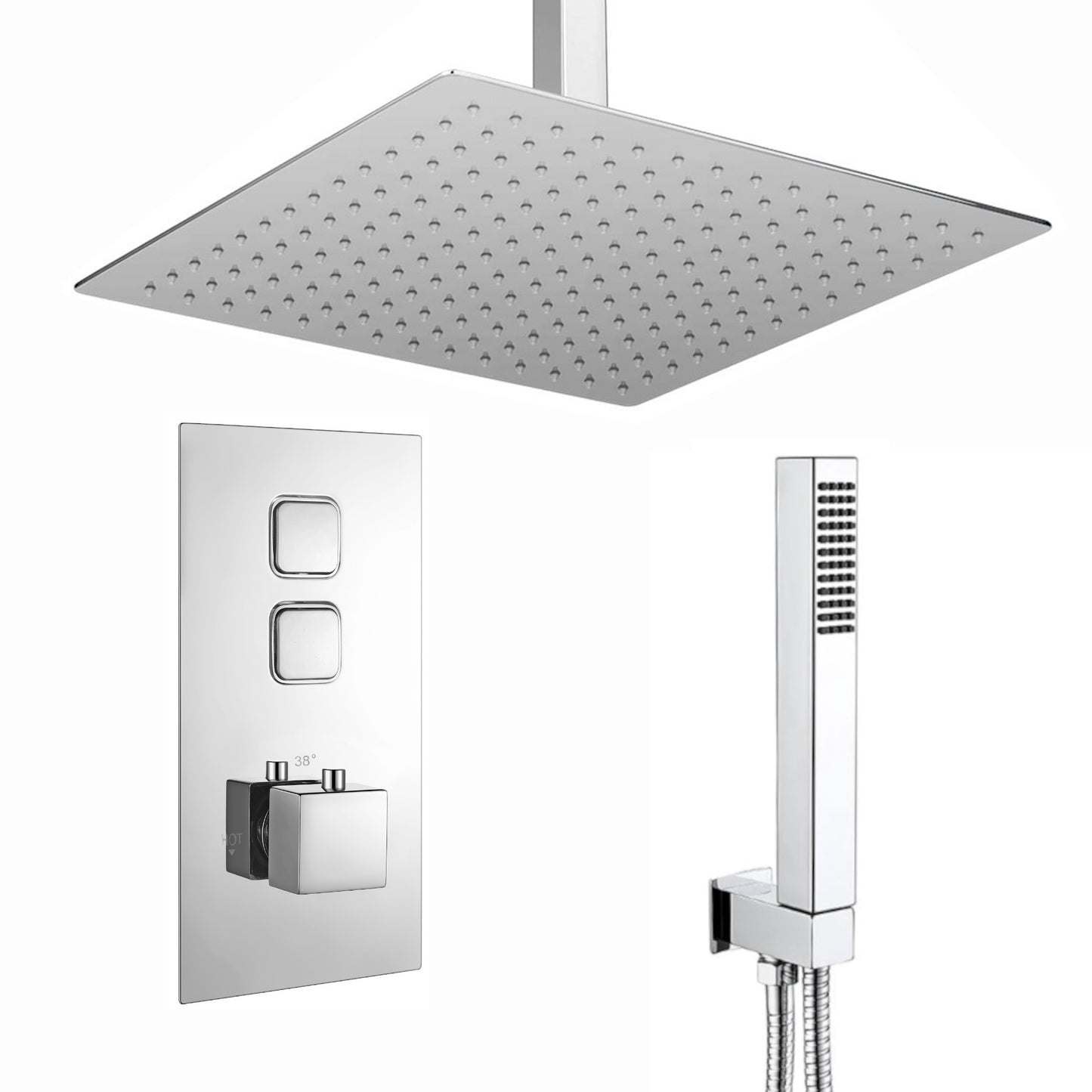Spello Square Thermostatic Concealed Shower Set with Ceiling Mounted Shower & Handset Kit - Chrome