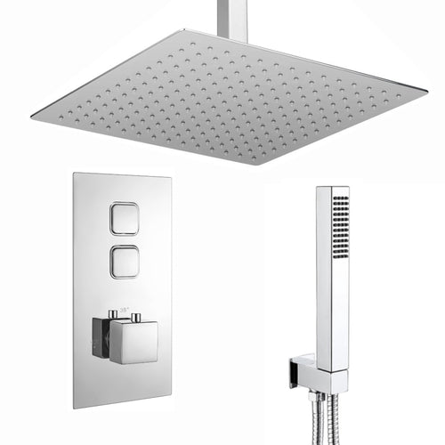 Spello Square Thermostatic Concealed Shower Set with Ceiling Mounted Shower & Handset Kit - Chrome
