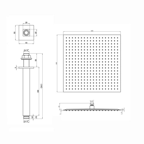 Spello Square Thermostatic Concealed Shower Set with Ceiling Mounted Shower & Handset Kit - Chrome