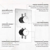 Venice Contemporary Round Concealed Thermostatic Shower Set Incl. Twin Valve, Wall Fixed 8" Shower Head, Slider Rail Kit - Chrome (2 Outlet)