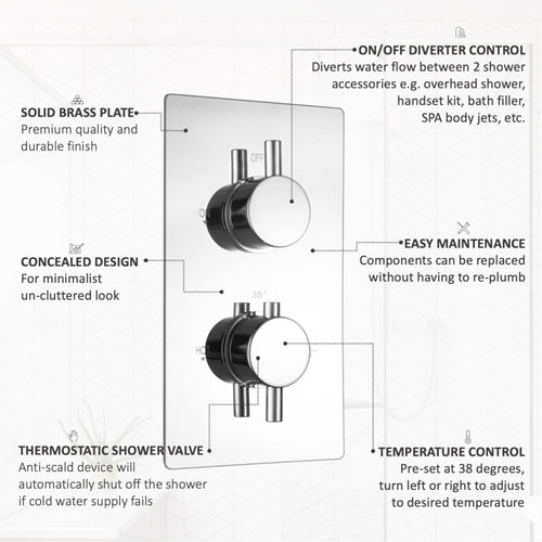 Buy Naples Contemporary Round Concealed Thermostatic Shower Set Incl. Twin Valve, Wall Fixed 8" Shower Head, Slider Rail Kit - Chrome (2 Outlet) online UK