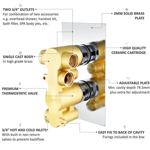 Buy Naples Contemporary Round Concealed Thermostatic Shower Set Incl. Twin Valve, Wall Fixed 8" Shower Head, Slider Rail Kit - Chrome (2 Outlet) online UK