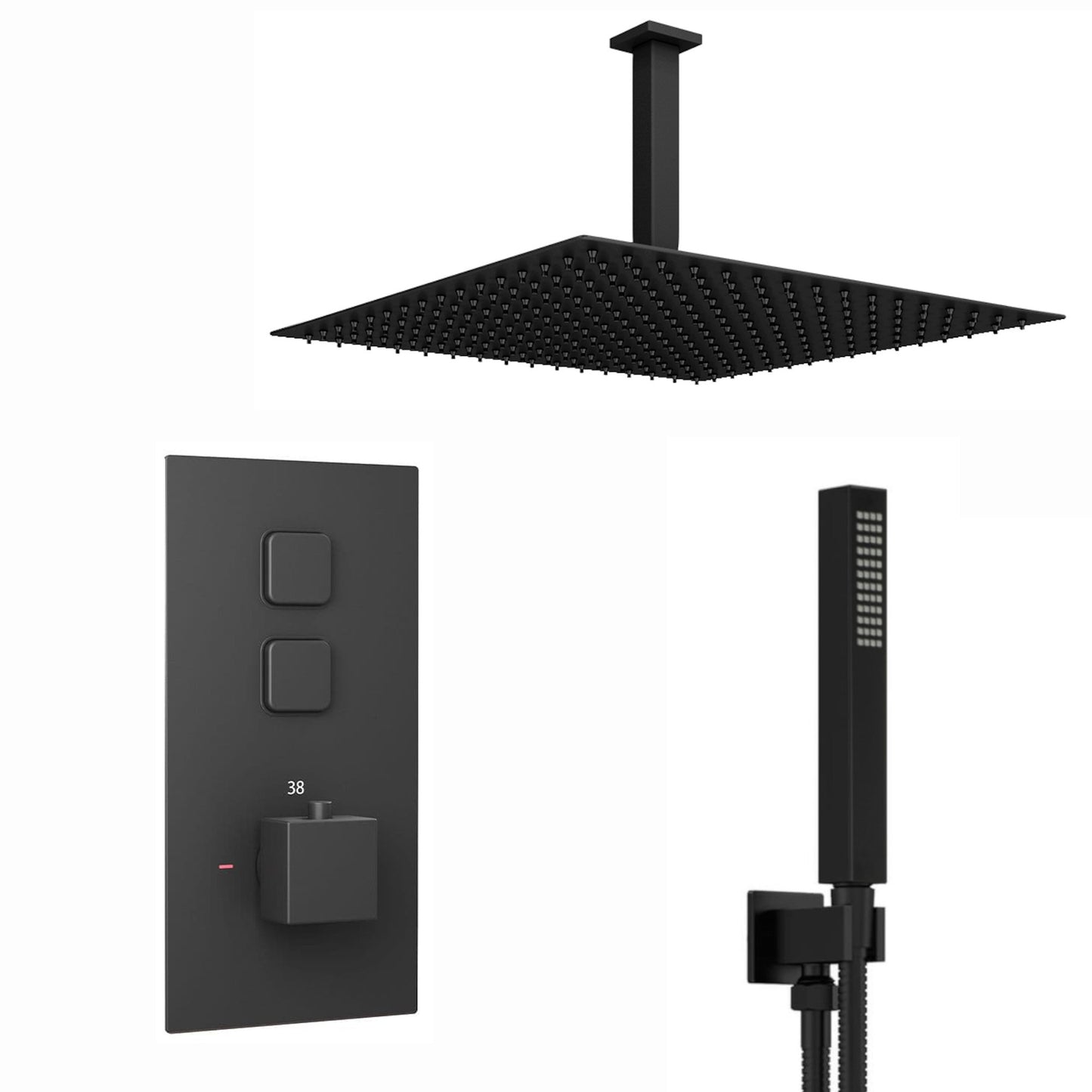 Spello Square Thermostatic Concealed Shower Set with Ceiling Mounted Shower & Handset Kit - Black