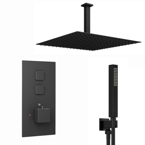 Spello Square Thermostatic Concealed Shower Set with Ceiling Mounted Shower & Handset Kit - Black